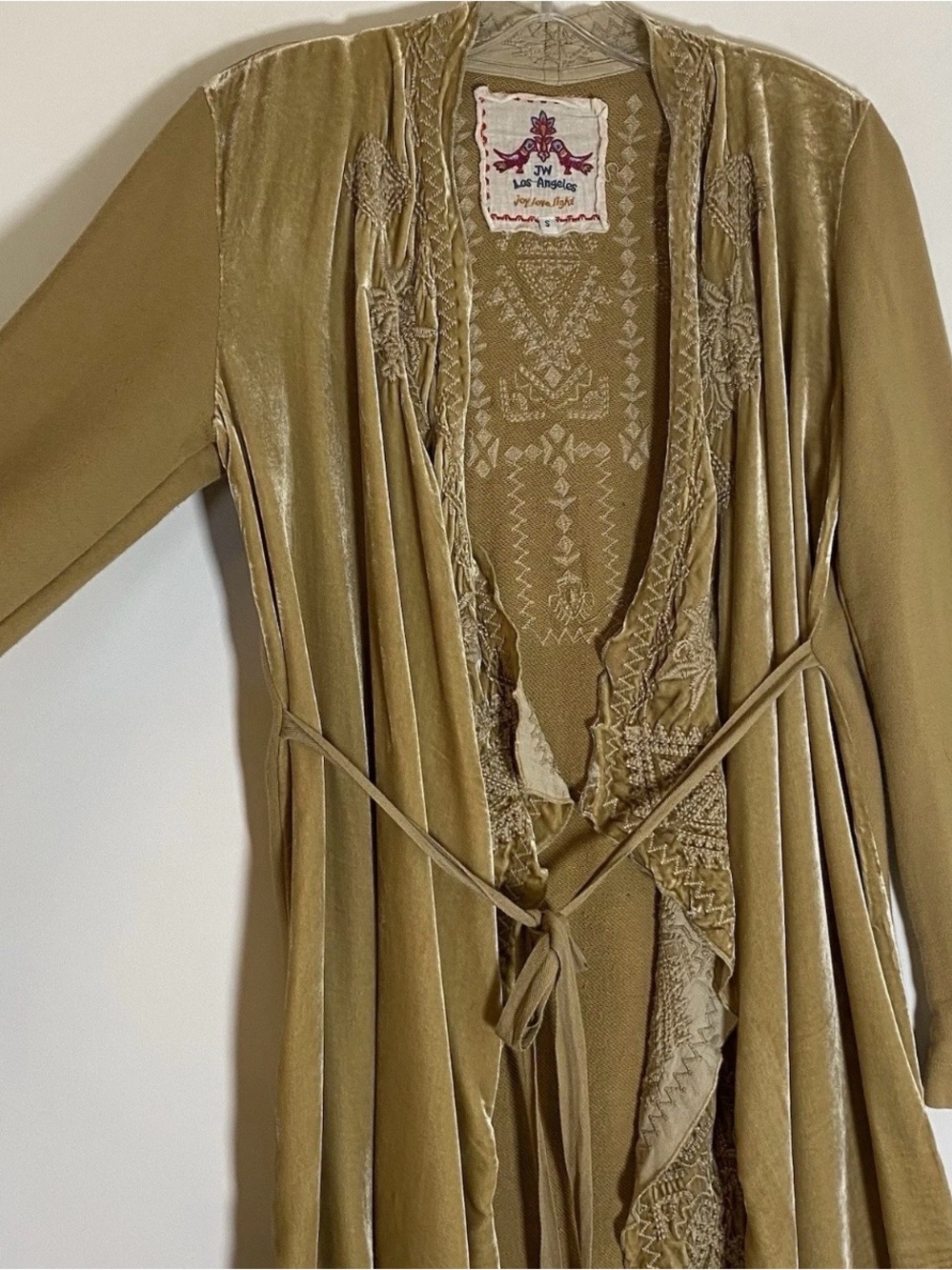 Boho Johnny Was Velvet Tie-Waist Robe Cardigan in tan/Beige - Picture 4 of 13